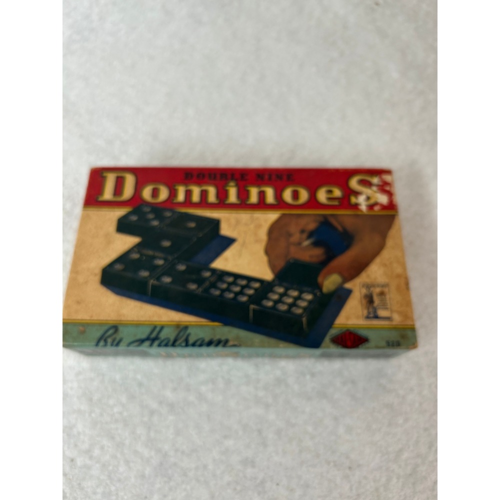 Vintage Halsam Double Nine Dominoes Black Embossed Tiles Original Box 920 Set‎